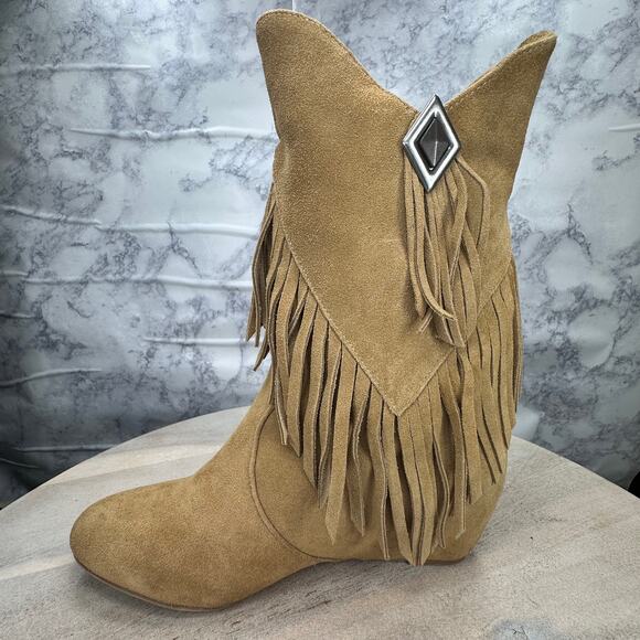 Obsession Rules Hopey Suede Tan Moccasin Fringe Boho Hidden Wedge Boots Women 8 - Picture 5 of 11